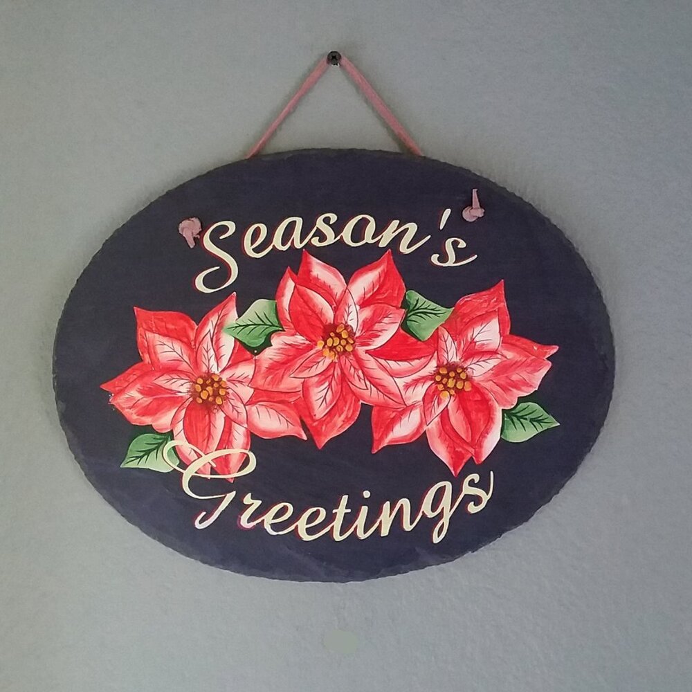 Christmas Painted Slate "Season's Greetings" Red Poinsettias 12 3/4" x 9 3/4"